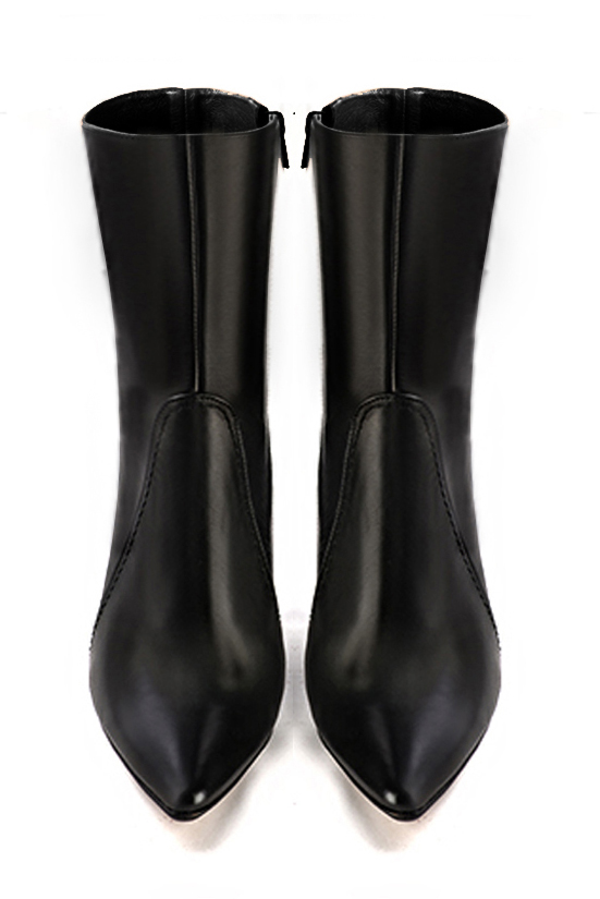 Satin black women's ankle boots with a zip on the inside. Tapered toe. Very high slim heel. Top view - Florence KOOIJMAN